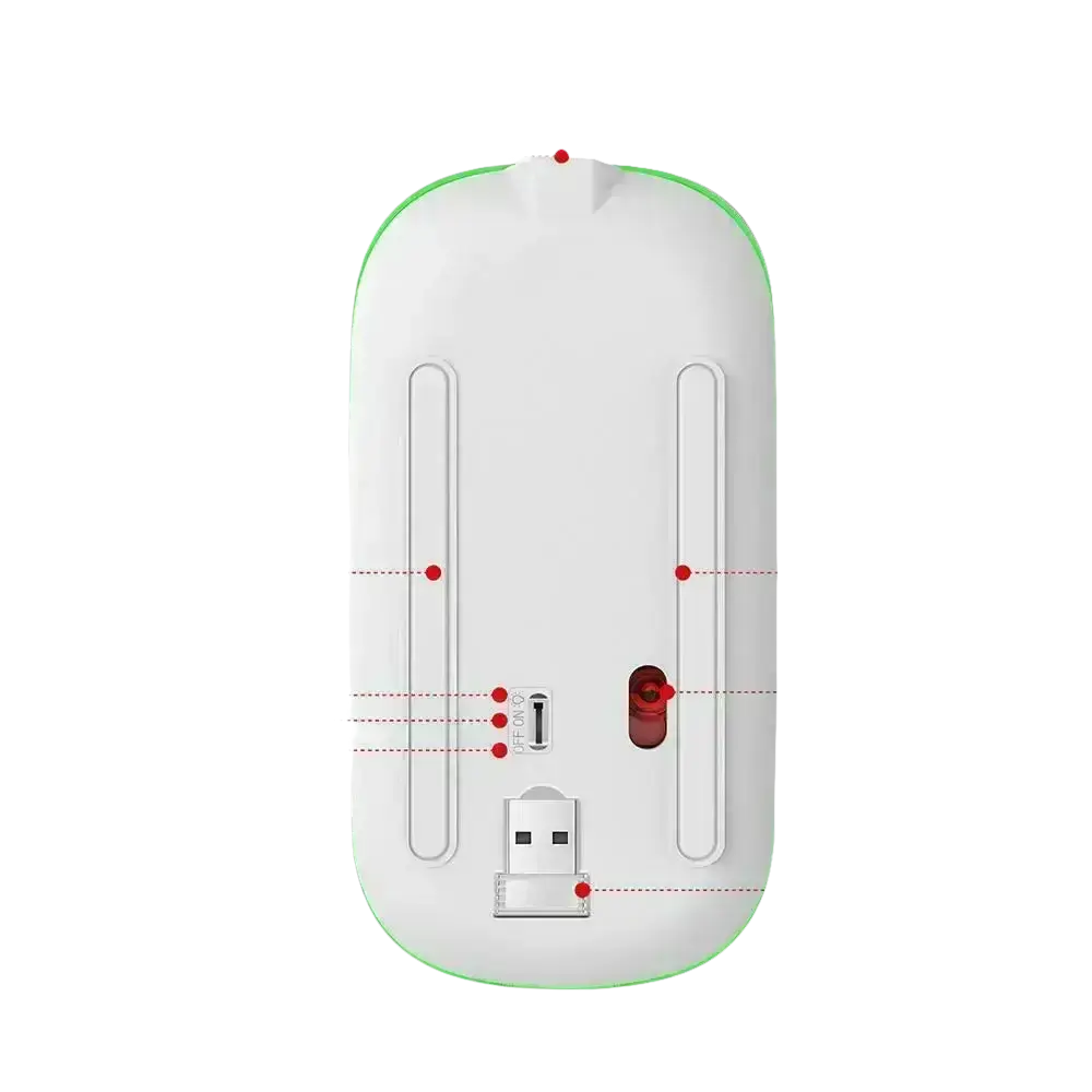 Bottom of a wireless mouse with labeled features.