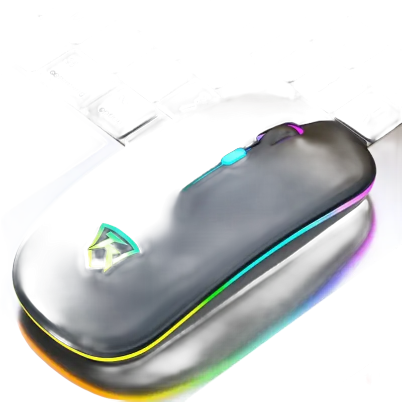 Sleek black wireless mouse with colorful LED accents.