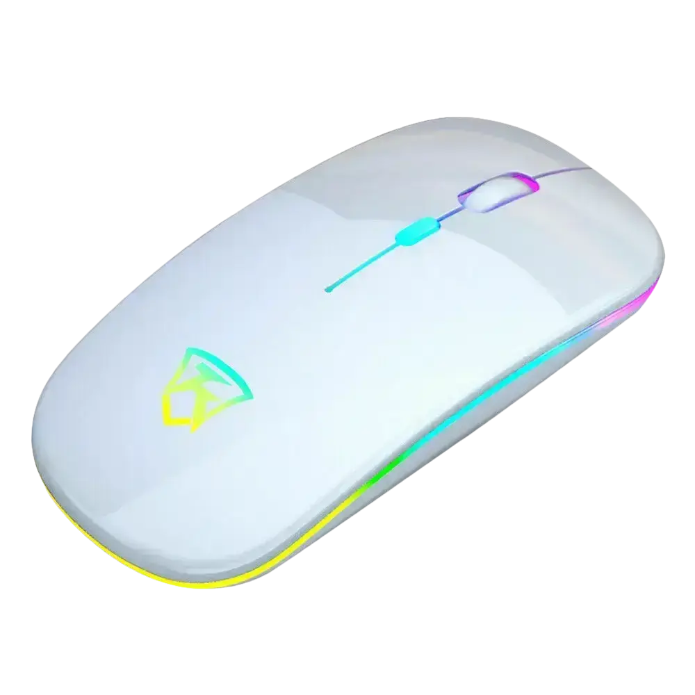 White wireless computer mouse with RGB lighting.