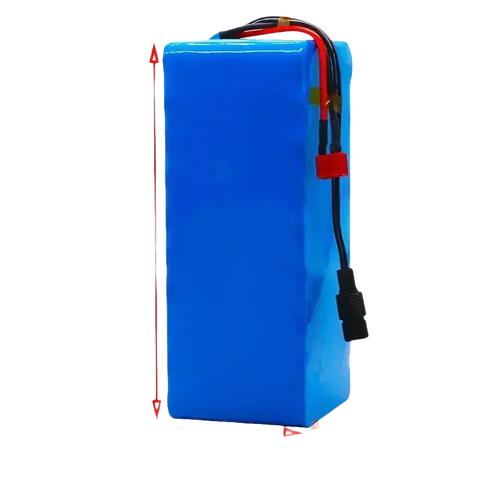 Blue battery pack with dimensions.