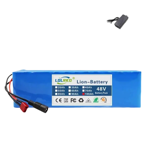Blue lithium-ion battery pack with charger.
