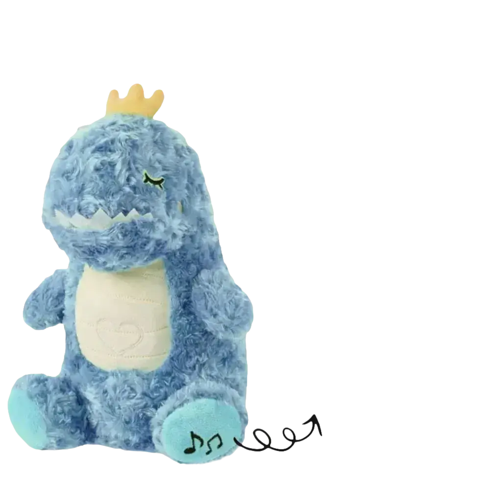 Blue plush dinosaur toy with sound and light modes.