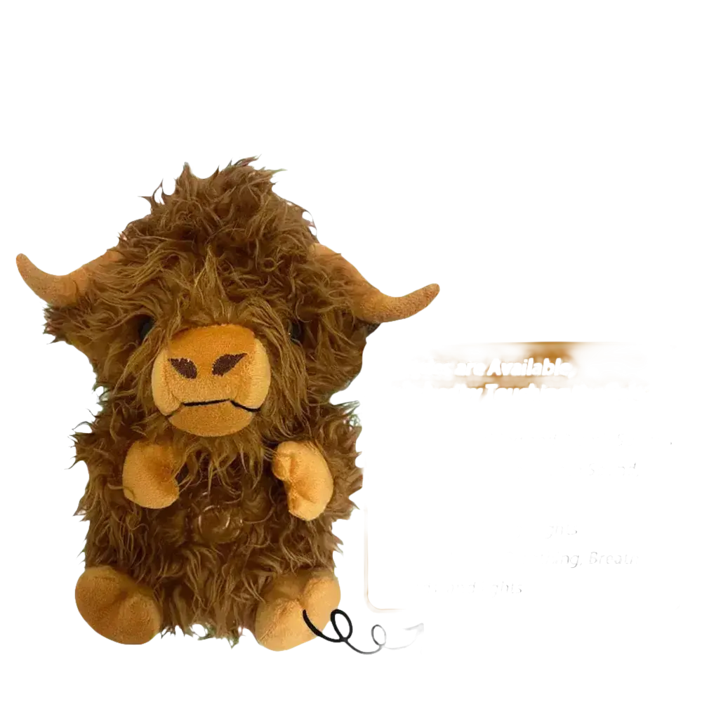 Fluffy brown highland cow plush toy with multiple modes.