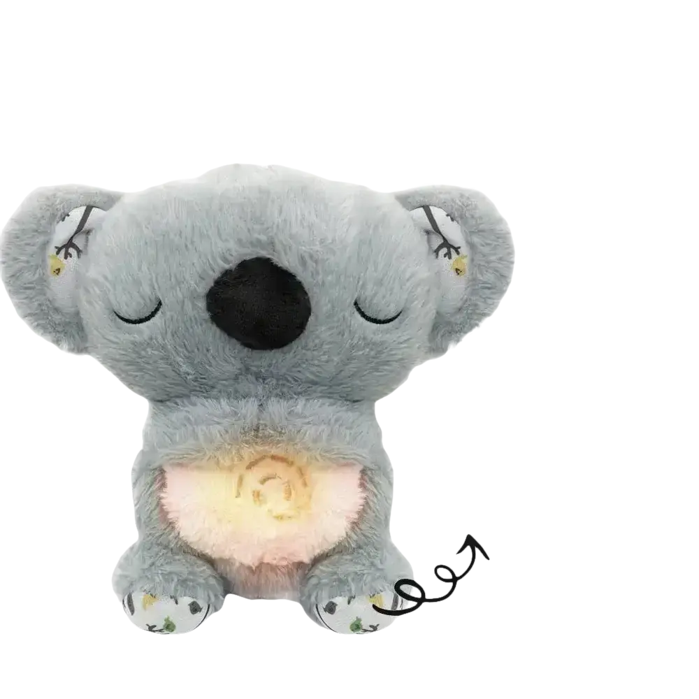 Gray plush koala toy with light-up belly.