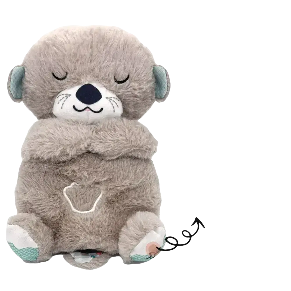 Gray plush otter toy with music, lights, and breathing features.