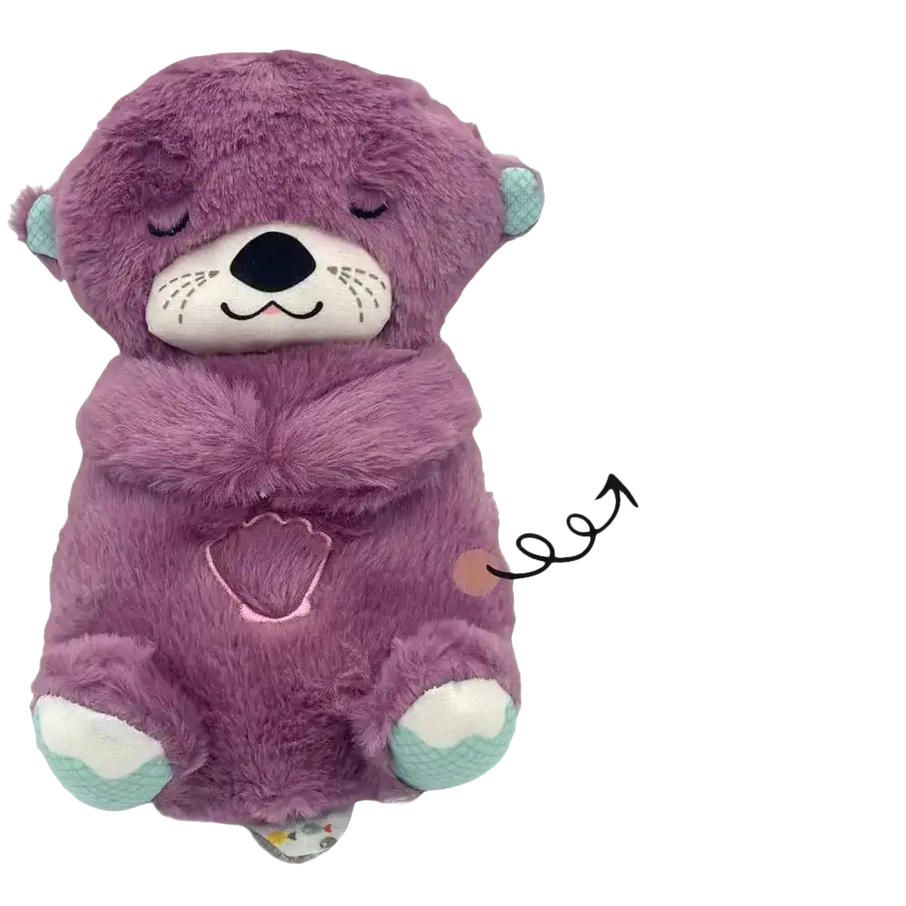 Purple plush otter toy with sound and light features.