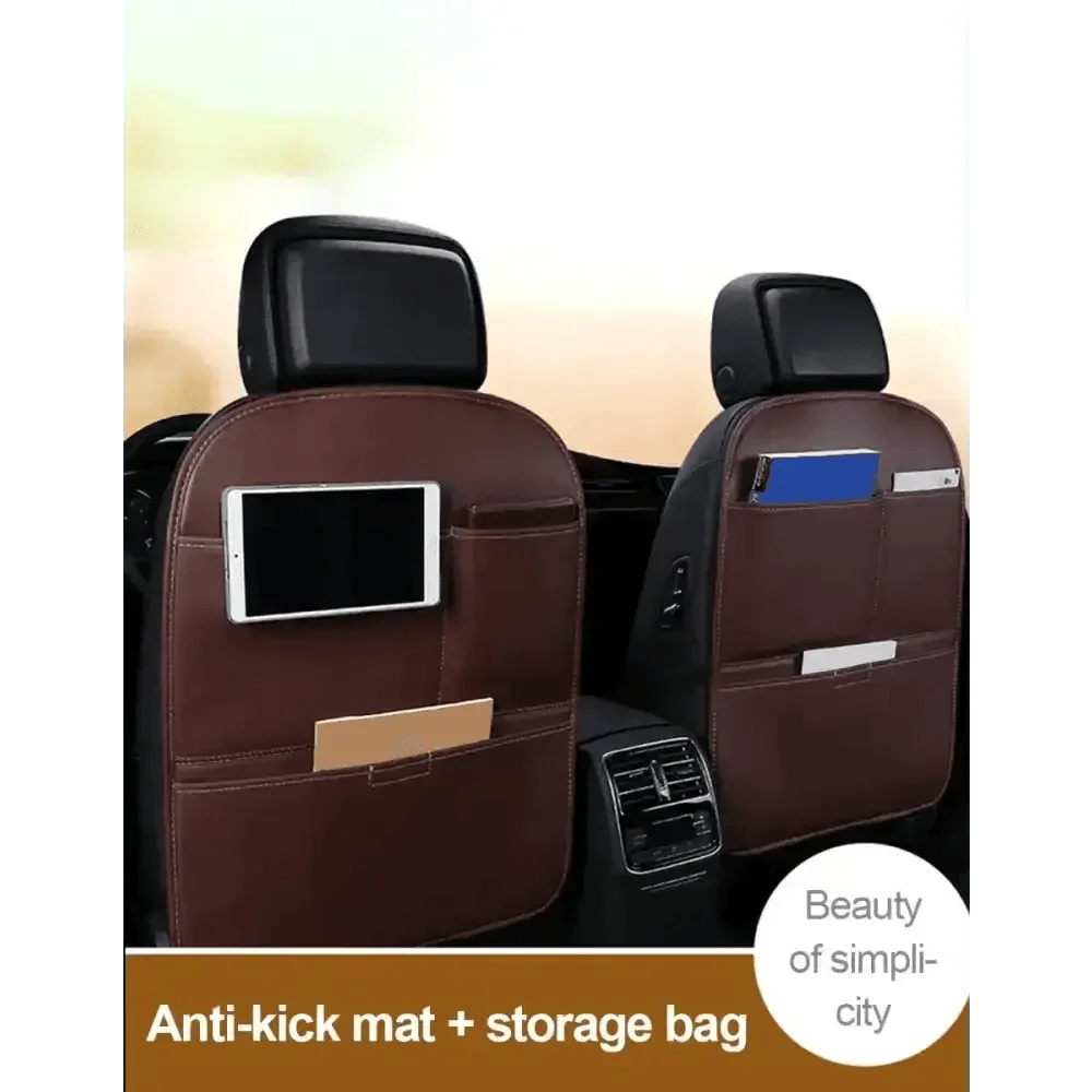 Brown Leather Car Seat Organizer Seametal Anti Kick Pad - GiFTiFY