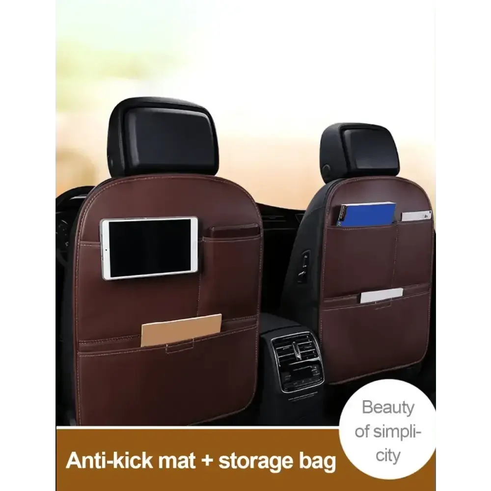 Brown Leather Car Seat Organizer Seametal Anti Kick Pad - GiFiFY