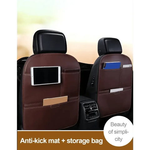 Brown Leather Car Seat Organizer Seametal Anti Kick Pad - GiFiFY