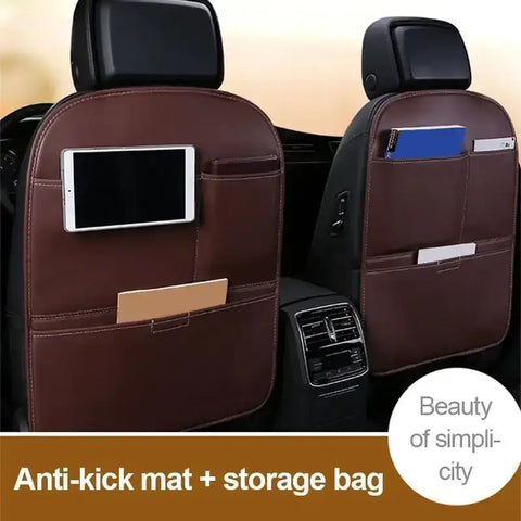 Brown Leather Car Seat Organizer Seametal Anti Kick Pad - GiFiFY