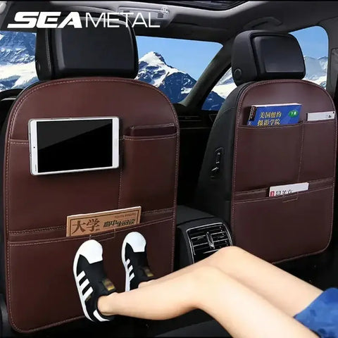 Brown Leather Car Seat Organizer Seametal Anti Kick Pad - GiFiFY
