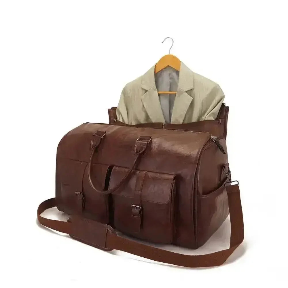 Brown Leather Duffel Bag Portable Garment Bag - GiFTiFY