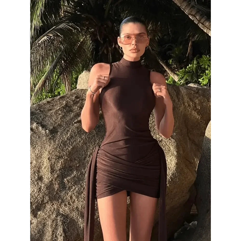 Brown Pleat Women Mini Vestidos Elegant Draped Ruched Turtleneck Sleeveless Slim Fit Dresses Summer Woman Club Party Short Dress - GiFTiFY