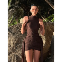 Brown Pleat Women Mini Vestidos Elegant Draped Ruched Turtleneck Sleeveless Slim Fit Dresses