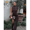 Brown Pleat Women Mini Vestidos Elegant Draped Ruched Turtleneck Sleeveless Slim Fit Dresses Summer Woman Club Party Short Dress - GiFTiFY