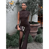 Brown Pleat Women Mini Vestidos Elegant Draped Ruched Turtleneck Sleeveless Slim Fit Dresses Summer Woman Club Party Short Dress - GiFTiFY