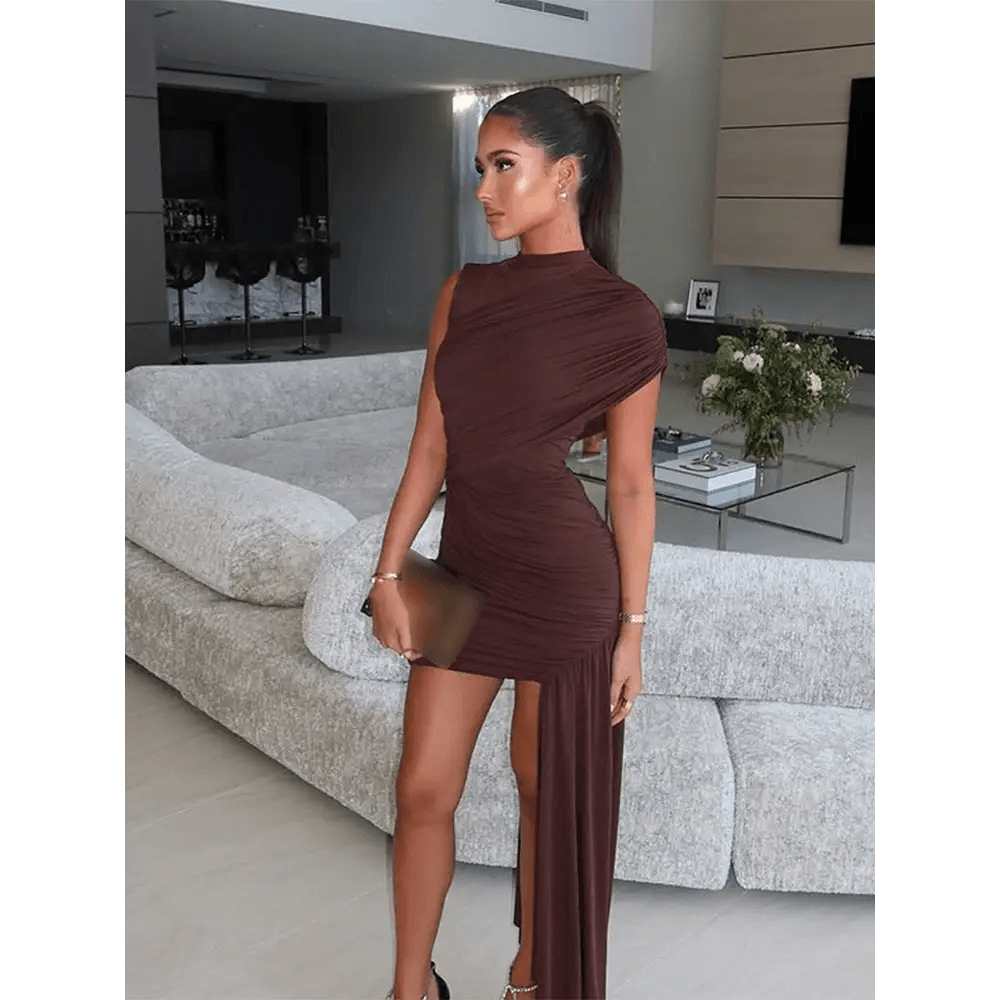 Brown Pleat Women Mini Vestidos Elegant Draped Ruched Turtleneck Sleeveless Slim Fit Dresses Summer Woman Club Party Short Dress - GiFTiFY