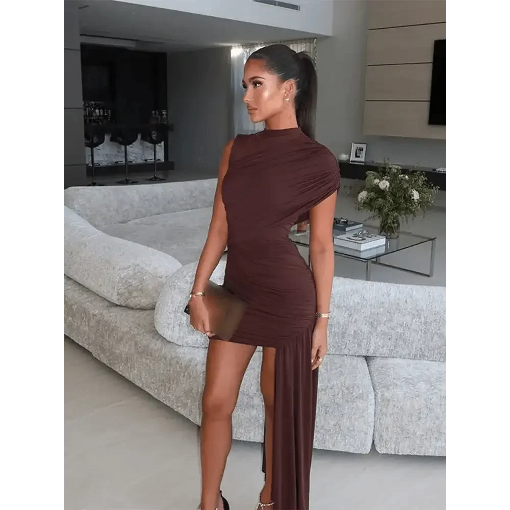 Brown Pleat Women Mini Vestidos Elegant Draped Ruched Turtleneck Sleeveless Slim Fit Dresses Summer Woman Club Party Short Dress - GiFTiFY