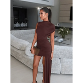 Brown Pleat Women Mini Vestidos Elegant Draped Ruched Turtleneck Sleeveless Slim Fit Dresses Summer Woman Club Party Short Dress - GiFTiFY