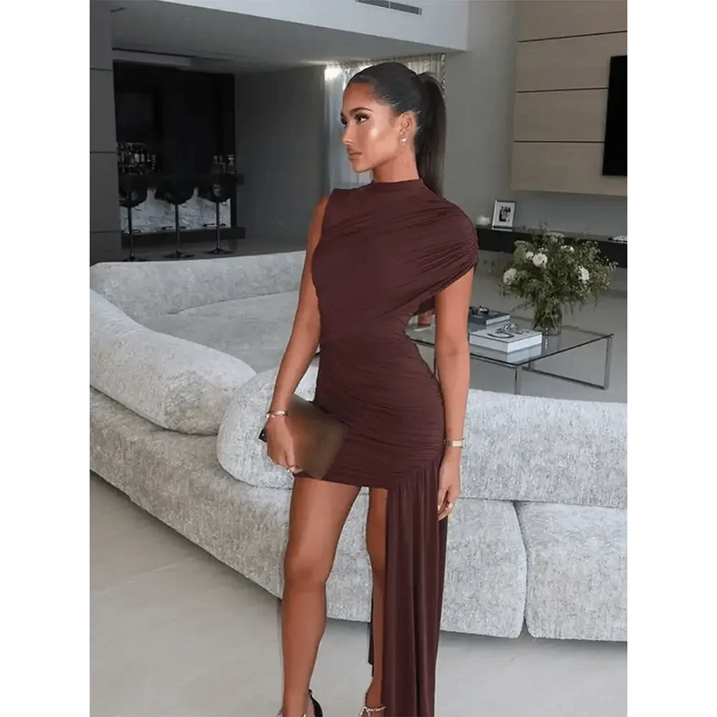 Brown Pleat Women Mini Vestidos Elegant Draped Ruched Turtleneck Sleeveless Slim Fit Dresses Summer Woman Club Party Short Dress women's dresses by Dropshee