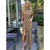 Brown Pleat Women Mini Vestidos Elegant Draped Ruched Turtleneck Sleeveless Slim Fit Dresses Summer Woman Club Party Short Dress - GiFTiFY