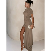 Brown Pleat Women Mini Vestidos Elegant Draped Ruched Turtleneck Sleeveless Slim Fit Dresses Summer Woman Club Party Short Dress - GiFTiFY