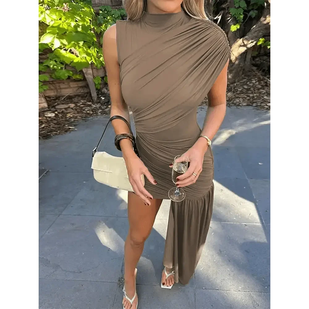 Brown Pleat Women Mini Vestidos Elegant Draped Ruched Turtleneck Sleeveless Slim Fit Dresses Summer Woman Club Party Short Dress - GiFTiFY