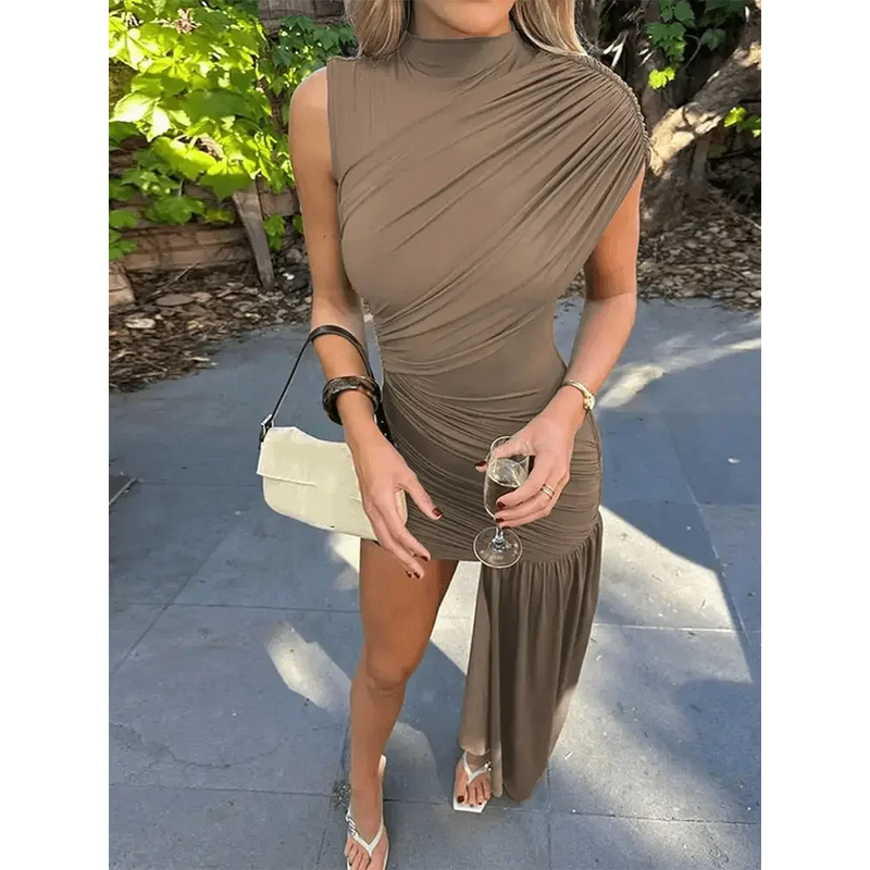 Brown Pleat Women Mini Vestidos Elegant Draped Ruched Turtleneck Sleeveless Slim Fit Dresses Summer Woman Club Party Short Dress women's dresses by Dropshee