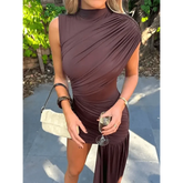 Brown Pleat Women Mini Vestidos Elegant Draped Ruched Turtleneck Sleeveless Slim Fit Dresses Summer Woman Club Party Short Dress - GiFTiFY