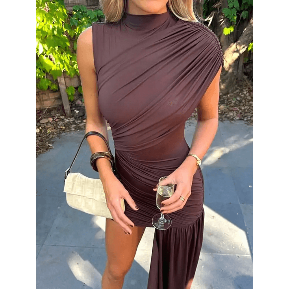 Brown Pleat Women Mini Vestidos Elegant Draped Ruched Turtleneck Sleeveless Slim Fit Dresses Summer Woman Club Party Short Dress - GiFTiFY