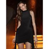 Brown Pleat Women Mini Vestidos Elegant Draped Ruched Turtleneck Sleeveless Slim Fit Dresses Summer Woman Club Party Short Dress - GiFTiFY