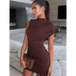 Brown Pleat Women Mini Vestidos Elegant Draped Ruched Turtleneck Sleeveless Slim Fit Dresses Summer Woman Club Party Short Dress - GiFTiFY