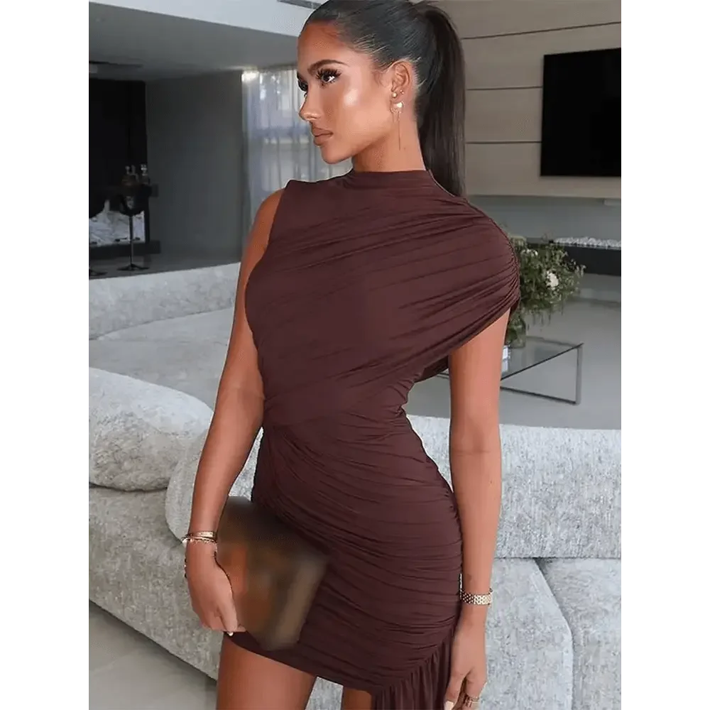 Brown Pleat Women Mini Vestidos Elegant Draped Ruched Turtleneck Sleeveless Slim Fit Dresses Summer Woman Club Party Short Dress - GiFTiFY