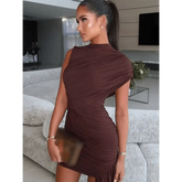 Brown Pleat Women Mini Vestidos Elegant Draped Ruched Turtleneck Sleeveless Slim Fit Dresses Summer Woman Club Party Short Dress - GiFTiFY