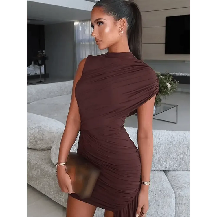 Brown Pleat Women Mini Vestidos Elegant Draped Ruched Turtleneck Sleeveless Slim Fit Dresses Summer Woman Club Party Short Dress - GiFTiFY