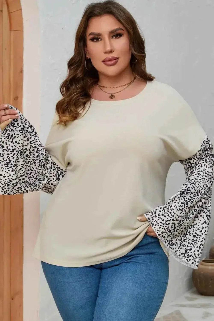 Plus Size Leopard Round Neck Long Sleeve Top - GiFTiFY