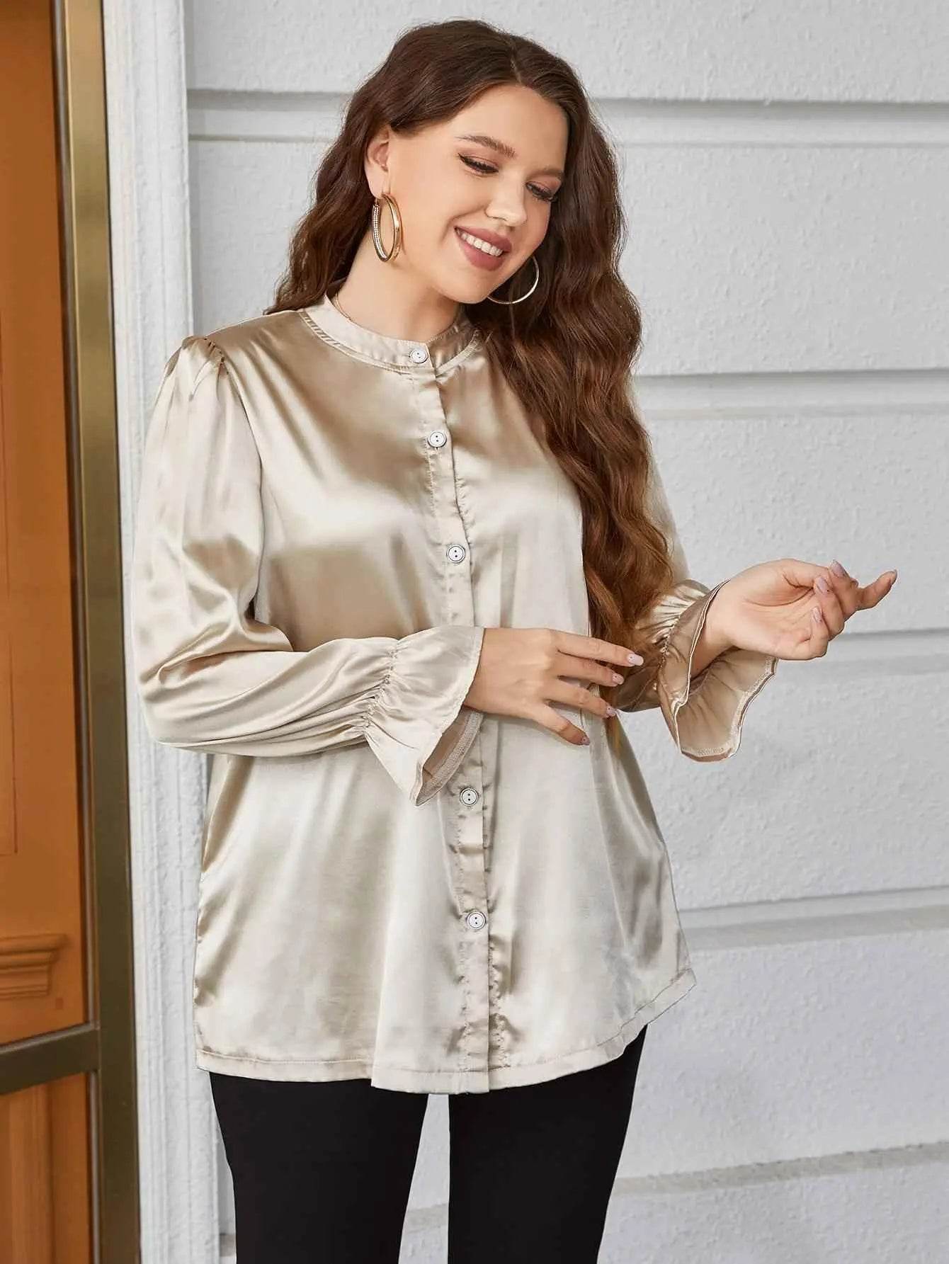 Plus Size Flounce Sleeve Band Collar Shirt - GiFTiFY