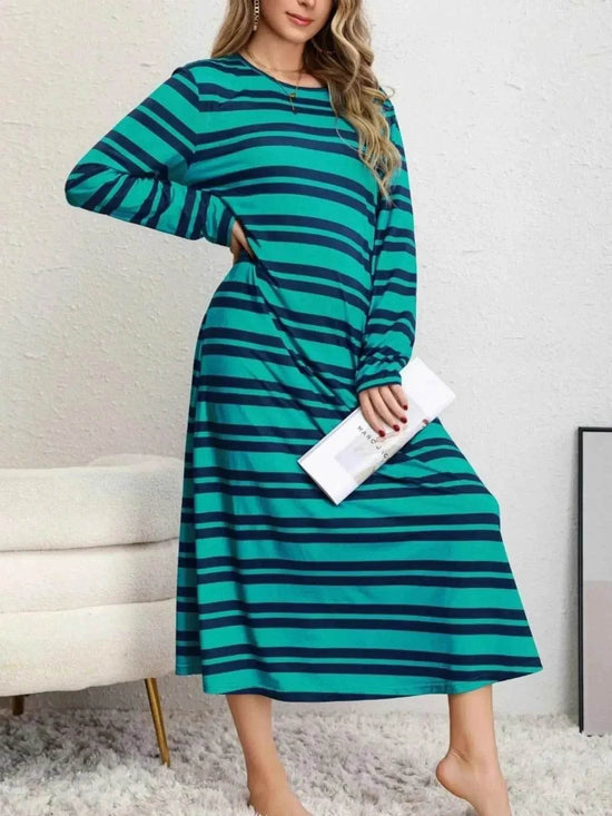 Plus Size Striped Round Neck Long Sleeve Tee Dress - GiFTiFY