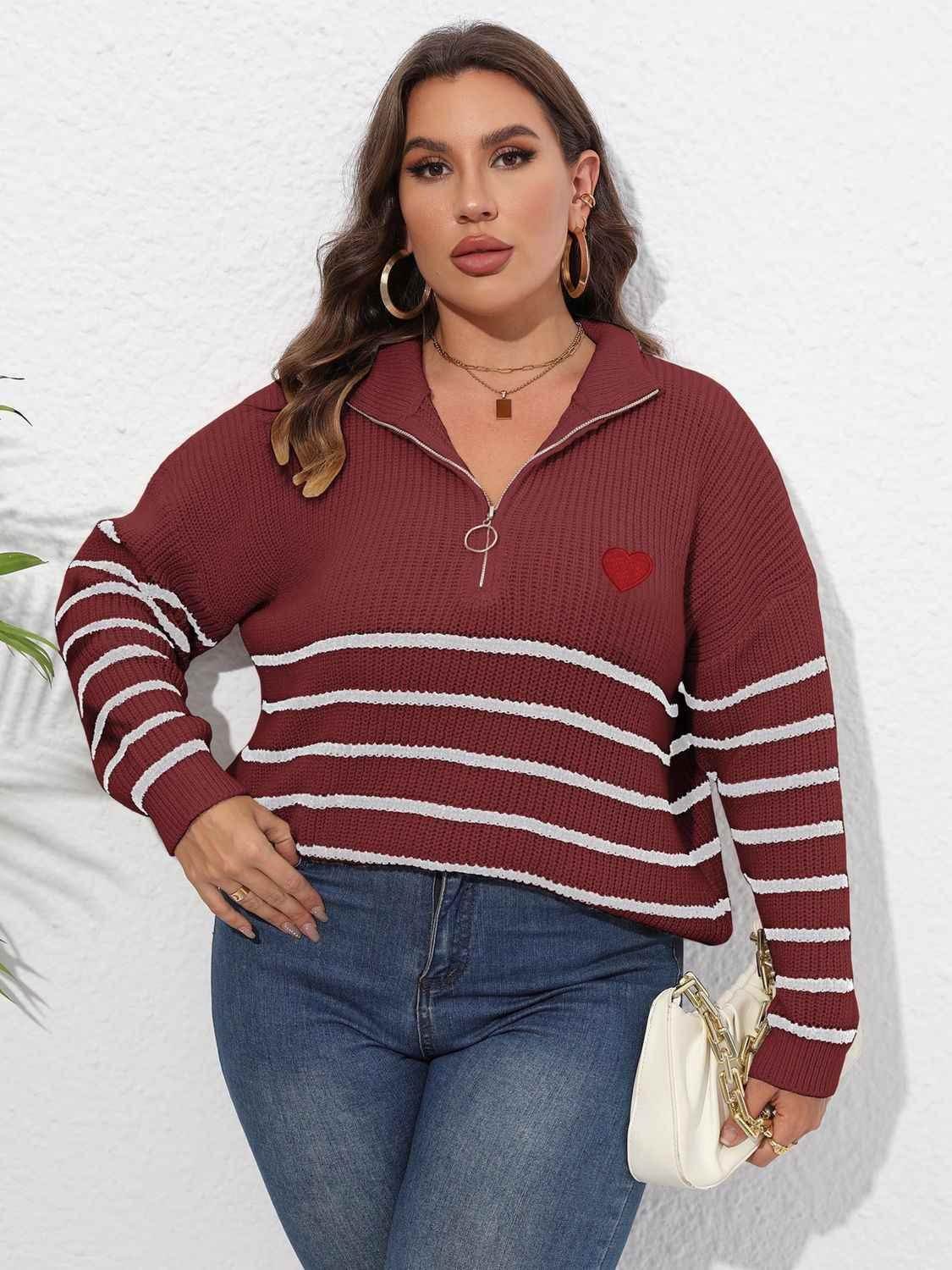 Plus Size Zip-Up Striped Sweater - GiFTiFY