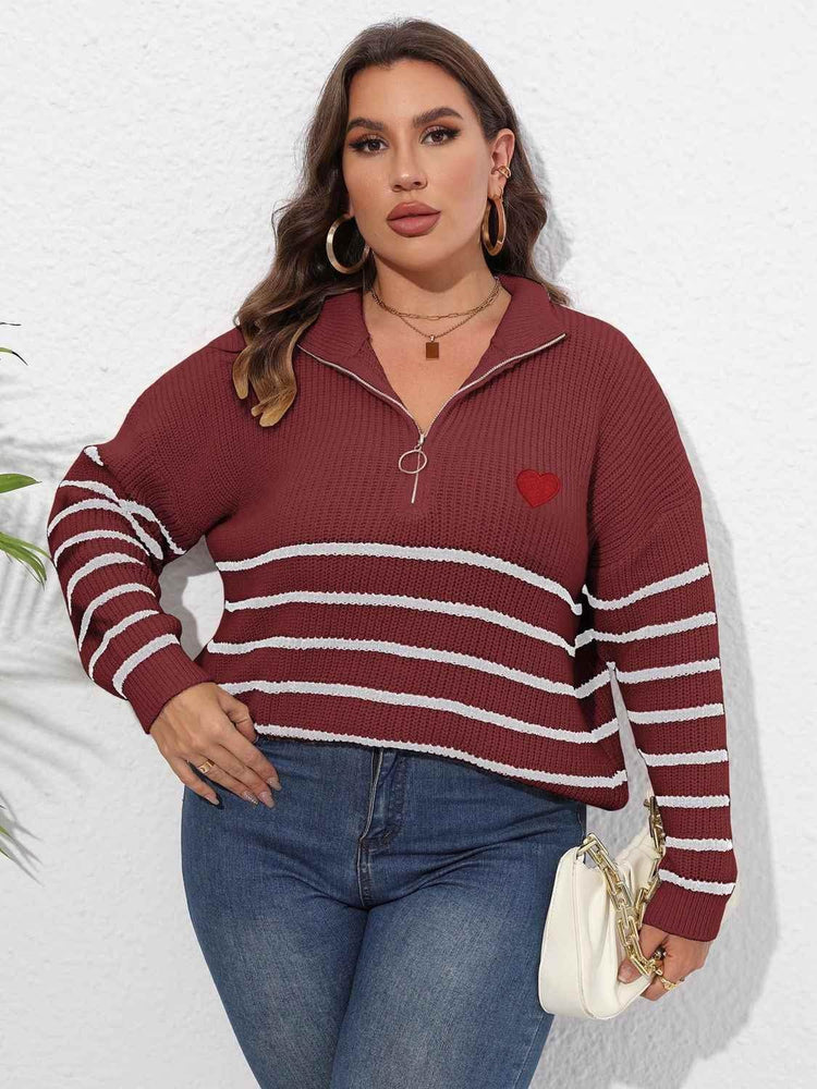 Plus Size Zip-Up Striped Sweater - GiFTiFY