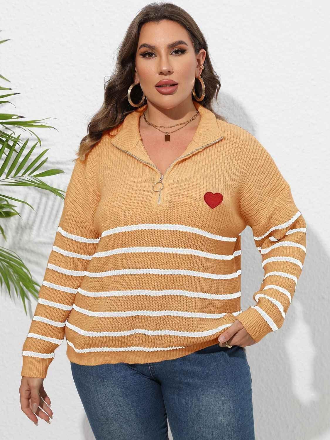 Plus Size Zip-Up Striped Sweater - GiFTiFY