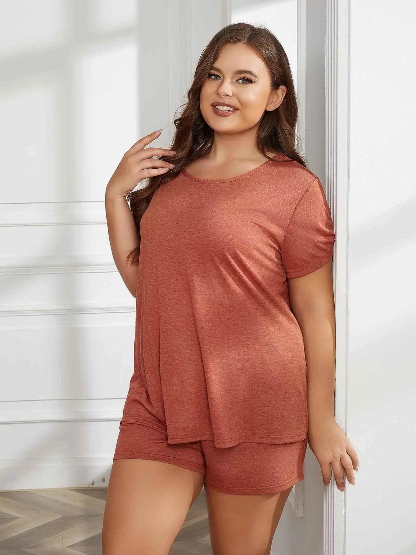 Plus Size Round Neck Short Sleeve Two-Piece Loungewear Set - GiFTiFY