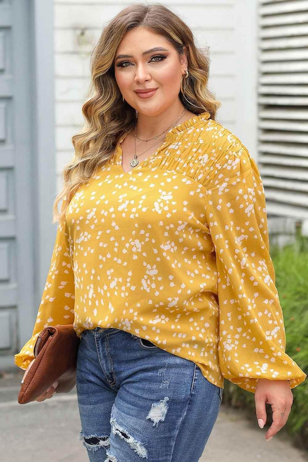 Plus Size Notched Neck Smocked Blouse - GiFTiFY