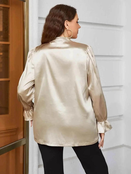 Plus Size Flounce Sleeve Band Collar Shirt - GiFTiFY