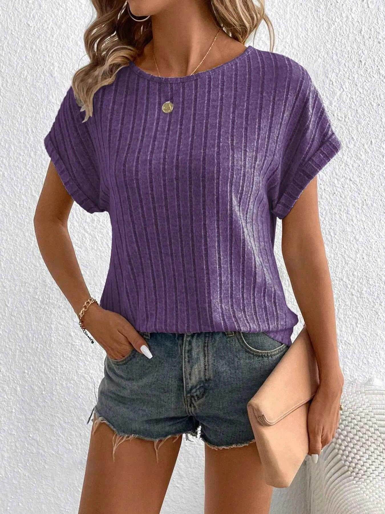 Plus Size Ribbed Texture Short Sleeve T-Shirt - GiFTiFY
