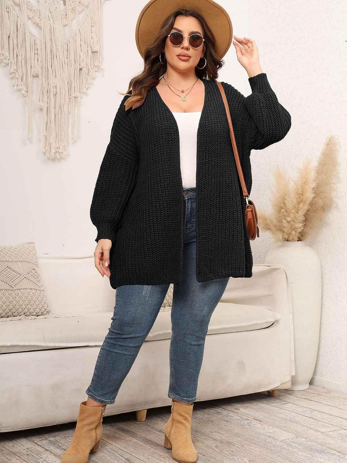 Plus Size Open Front Dropped Shoulder Knit Cardigan - GiFTiFY