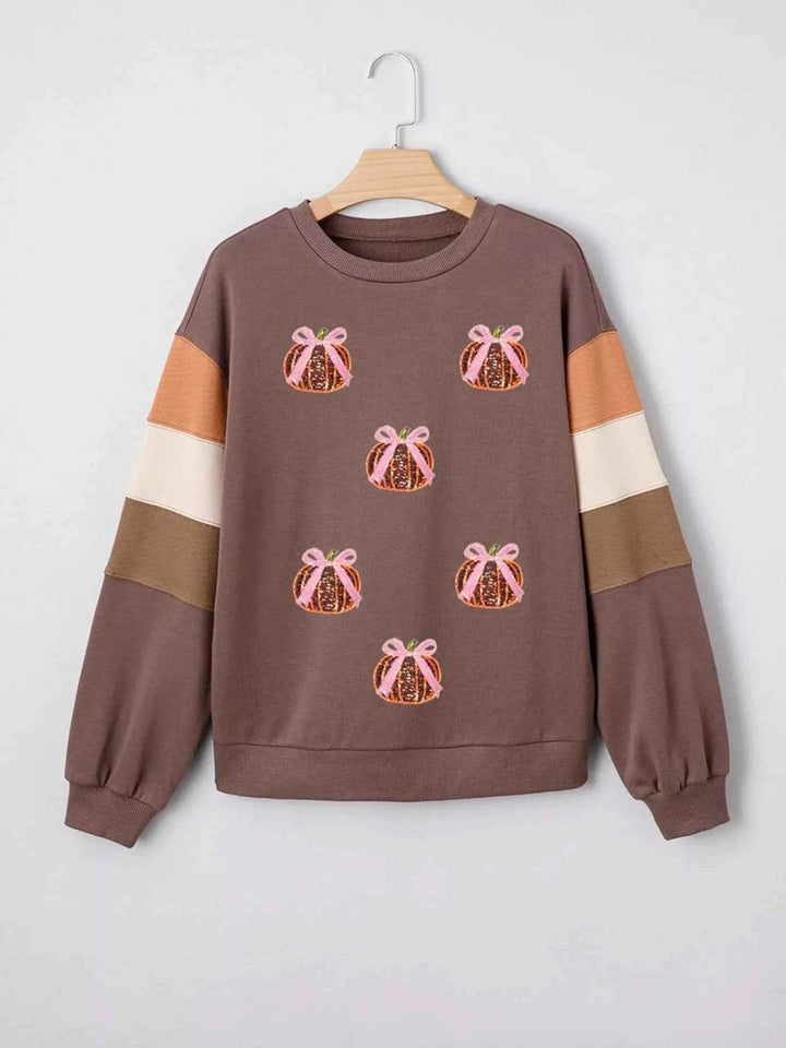 Sequin Bow Pumpkin Round Neck Sweatshirt - GiFTiFY