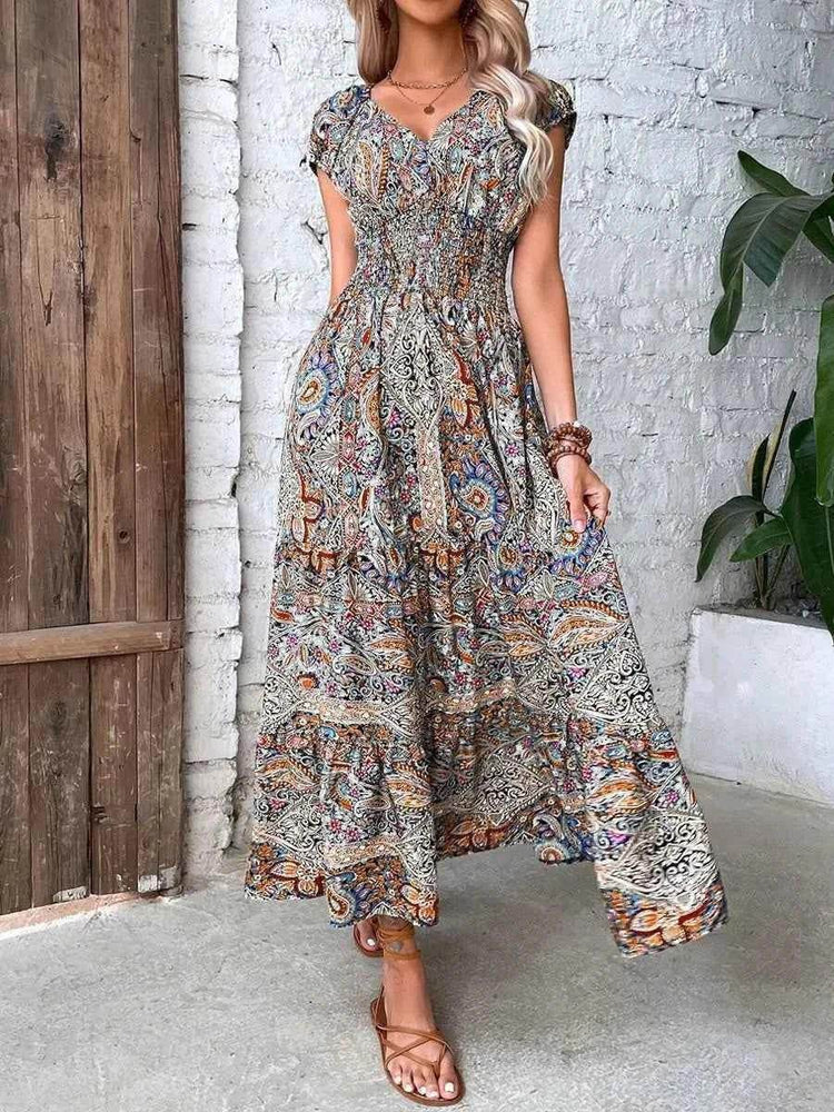 Plus Size Printed V-Neck Short Sleeve Midi Dress women Attire by Trendsi