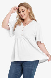Plus Size Buttoned V-Neck Frill Trim Babydoll Blouse - GiFTiFY