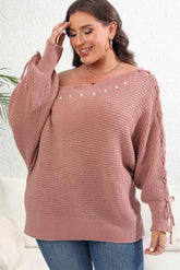 Plus Size One Shoulder Beaded Sweater - GiFTiFY